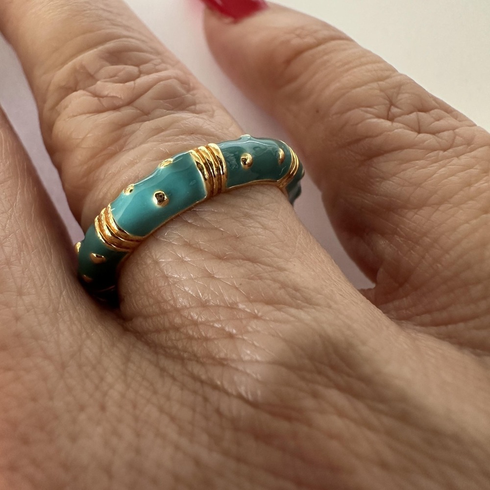 Aqua Blue Green Enamel Gold Tone Band Ring Size 7 Dotted Bamboo Stackable Boho